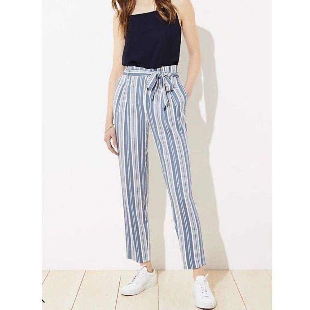 Loft Blue and White Striped Paper Bag Trapeze Pants w/ Tie Waist